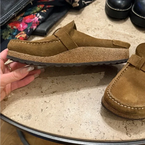 Birkenstock Suede Mule Clogs in Chestnut Brown with Silver Buckle - Picture 3 of 5